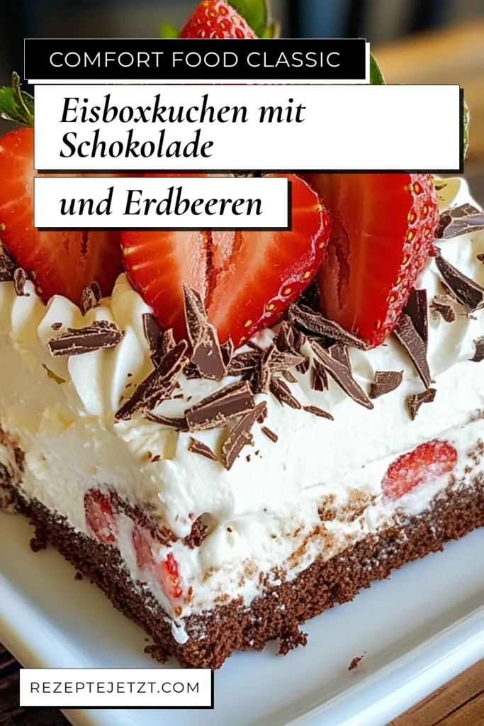 Entdecken Sie unser Rezept für einen köstlichen Schokoladen-Eisboxkuchen! Dieser Schokoladen-Erdbeer-Eisboxkuchen ist das perfekte Erdbeer-Dessert für jede Gelegenheit. Mit einfachen Eisboxkuchen-Rezepten, leicht zubereitet aus Schokoladen-Waffelkeksen und frischen Erdbeeren, brauchen Sie keinen Ofen für diesen no-bake Schokoladenkuchen! Jetzt nachmachen und genießen! #SchokoladenEisboxkuchen #ErdbeerDessert #EisboxkuchenRezepte #NoBakeKuchen