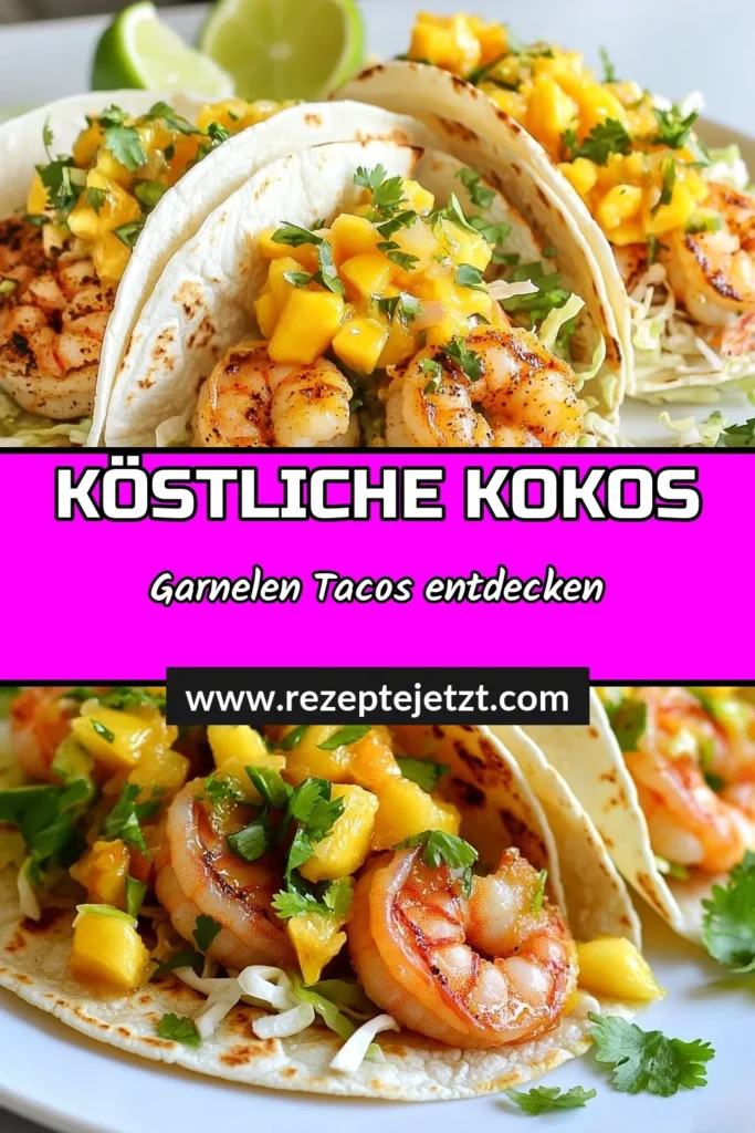 Entdecken Sie dieses köstliche Garnelen-Tacos Rezept mit Kokos-Limetten-Garnelen, die in einer aromatischen Kokosmilch Marinade eingelegt sind. Diese exotischen Tacos sind perfekt für jeden Anlass und lassen sich schnell zubereiten. Servieren Sie sie mit einer frischen Mangosalsa Garnitur für das besondere Etwas. Probieren Sie jetzt unser Rezept aus und bringen Sie Urlaubsfeeling auf den Tisch! #GarnelenTacos #KokosLimettenGarnelen #ExotischeTacos #MangosalsaGarnitur
