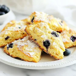 Für die Blaubeer-Kokos-Scones benötigst du: - 2 Tassen Allzweckmehl - 1/2 Tasse ungesüßte Kokosraspel - 1/4 Tasse Zucker - 1 Esslöffel Backpulver - 1/2 Teelöffel Salz - 1/2 Tasse kalte, gewürfelte ungesalzene Butter - 1/2 Tasse Vollfett-Kokosmilch (oder normale Milch) - 1 großes Ei - 1 Teelöffel Vanilleextrakt - 1 Tasse frische oder gefrorene Blaubeeren - Zusätzliche Kokosraspel zur Dekoration (optional) Diese Zutaten sorgen für einen köstlichen Geschmack und eine perfekte Textur. Achte darauf, dass alles frisch ist, um das beste Ergebnis zu erzielen. - Mehl: Liefert Kohlenhydrate für Energie. - Kokosraspel: Fügen gesunde Fette hinzu und machen die Scones feucht. - Zucker: Sorgt für Süße und hilft beim Bräunen. - Butter: Macht die Scones zart und reichhaltig. - Kokosmilch: Gibt einen cremigen Geschmack und hält die Scones saftig. - Eier: Binden die Zutaten und helfen beim Aufgehen. - Blaubeeren: Reich an Vitaminen und Antioxidantien. Jede Zutat trägt zur Balance der Nährstoffe bei und sorgt dafür, dass die Scones nicht nur lecker, sondern auch nahrhaft sind. Wähle frische Blaubeeren mit diesen Tipps: - Achte auf eine tiefblaue Farbe ohne rote Stellen. - Die Beeren sollten fest sein und nicht matschig. - Überprüfe die Verpackung auf Schimmel oder feuchte Stellen. - Kaufe Blaubeeren in der Saison, wenn sie am besten schmecken. Frische Blaubeeren geben den Scones einen tollen Geschmack und eine schöne Farbe. Wenn du gefrorene Beeren verwendest, tau sie vorher auf, um die beste Konsistenz zu erreichen. {{ingredient_image_2}} Heize deinen Ofen auf 200°C vor. Das ist wichtig für die perfekte Backzeit. Lege ein Backblech mit Backpapier aus. So kleben die Scones nicht fest. Nimm eine große Schüssel. Mische darin 2 Tassen Allzweckmehl, 1/2 Tasse Kokosraspel, 1/4 Tasse Zucker, 1 Esslöffel Backpulver und 1/2 Teelöffel Salz. Rühre gut um, damit alles gleichmäßig verteilt ist. Füge 1/2 Tasse kalte, gewürfelte Butter hinzu. Du kannst einen Teigmischer verwenden oder deine Hände. Arbeite die Butter in die Mischung ein. Die Konsistenz sollte wie grobe Krümel aussehen. So bleiben die Scones locker und leicht. In einer anderen Schüssel mische 1/2 Tasse Kokosmilch, 1 großes Ei und 1 Teelöffel Vanilleextrakt. Rühre, bis alles gut vermischt ist. Achte darauf, dass keine Klumpen entstehen. Gieße die feuchte Mischung in die Schüssel mit den trockenen Zutaten. Rühre vorsichtig, bis alles gerade so vermischt ist. Übermische nicht! Füge dann 1 Tasse Blaubeeren hinzu und hebe sie vorsichtig unter. Gib den Teig auf eine leicht bemehlte Fläche. Forme ihn zu einem Kreis von etwa 2,5 cm Dicke. Schneide den Teig in 8 gleich große Stücke oder benutze einen Ausstecher für die klassische Form. Lege die Scones auf das Backblech. Wenn du magst, bestreue sie mit zusätzlichen Kokosraspeln. Backe die Scones für etwa 15-20 Minuten. Sie sind fertig, wenn sie goldbraun sind. Lass sie dann ein paar Minuten abkühlen, bevor du sie servierst. Um luftige Scones zu machen, achte auf die Butter. Kalte, gewürfelte Butter sorgt für die richtige Textur. Wenn du die Butter einarbeitest, mache das schnell. Du willst kleine Stücke Butter im Teig haben. Diese Stücke schmelzen beim Backen und machen die Scones luftig. Auch das Mischen der feuchten und trockenen Zutaten muss sanft sein. Rühre nur, bis alles gerade vermischt ist. Übermischen führt zu festen Scones. Ein häufiger Fehler ist, die Butter zu warm zu machen. Das kann die Textur der Scones ruinieren. Ein weiterer Fehler ist, die Scones zu lange zu backen. Achte darauf, dass sie goldbraun sind, aber nicht zu dunkel werden. Auch das Nichtvorheizen des Ofens kann das Backergebnis schlecht beeinflussen. Ein kalter Ofen macht die Scones nicht schön hoch. Verwende außerdem frische Blaubeeren. Alte Beeren machen den Teig matschig und weniger lecker. Du kannst die Zutaten leicht variieren. Zum Beispiel, statt Kokosmilch kannst du normale Milch verwenden. Das gibt einen anderen Geschmack, ist aber auch gut. Wenn du andere Früchte wie Himbeeren nimmst, wird der Geschmack fruchtiger. Nüsse oder Schokoladenstückchen machen die Scones reichhaltiger. Wenn du mehr Kokosraspel hinzufügst, wird der Geschmack intensiver. Achte darauf, dass du die Balance der Zutaten nicht verlierst. Pro Tipps Butter richtig kühlen: Stelle sicher, dass die Butter gut gekühlt ist, bevor du sie in die trockenen Zutaten einarbeitest. Dies hilft, die Scones flaumig zu machen. Nicht übermischen: Rühre den Teig nur so lange, bis alles gerade so vermischt ist. Übermischen kann zu dichten Scones führen. Blaubeeren vorsichtig unterheben: Wenn du gefrorene Blaubeeren verwendest, tau sie vorher nicht auf, um die Farbe des Teigs nicht zu beeinträchtigen. Backzeit im Auge behalten: Jede Ofen vorheizt unterschiedlich. Überprüfe die Scones nach 15 Minuten, um sicherzustellen, dass sie nicht zu braun werden. {{image_4}} Du kannst die Blaubeeren durch viele andere Früchte ersetzen. Himbeeren sind eine tolle Wahl. Sie bringen eine süße und leicht säuerliche Note. Erdbeeren sind ebenfalls lecker. Schneide sie in kleine Stücke, bevor du sie hinzufügst. Du kannst auch Äpfel verwenden. Sie geben den Scones eine schöne Textur. Achte darauf, die Früchte frisch oder gut gefroren zu verwenden. So bleibt der Geschmack intensiv. Für einen süßen Kick füge Schokoladenstückchen hinzu. Dunkle Schokolade passt gut zu Kokos. Du kannst auch weiße Schokolade verwenden. Diese schmeckt besonders cremig. Wenn du Nüsse magst, probiere gehackte Mandeln oder Walnüsse. Sie geben einen tollen Crunch. Mische die Schokoladenstückchen oder Nüsse einfach in den Teig. So hast du verschiedene Texturen in jedem Bissen. Wenn du eine vegane Option suchst, ersetze das Ei durch Apfelmus oder Leinsamen. Das gibt auch Feuchtigkeit. Verwende anstelle von Butter vegane Margarine. Achte darauf, dass die Kokosmilch ungesüßt ist. Für glutenfreie Scones nimm glutenfreies Mehl. Du kannst eine Mischung aus Reis-, Mandel- und Kokosmehl verwenden. Diese Alternativen sorgen für einen guten Geschmack und eine schöne Konsistenz. So können alle die Scones genießen! Um deine Blaubeer-Kokos-Scones frisch zu halten, lagere sie in einem luftdichten Behälter. Stelle sicher, dass die Scones abgekühlt sind, bevor du sie verpackst. So verhinderst du, dass sie feucht werden. Bei Zimmertemperatur bleiben sie für etwa 2-3 Tage frisch. Wenn du sie länger aufbewahren möchtest, ist der Kühlschrank keine gute Wahl, da die Scones dort trocken werden können. Wenn du die Scones länger lagern möchtest, friere sie ein. Lass sie zuerst vollständig abkühlen. Wickele jeden Scone in Frischhaltefolie oder lege sie in einen Gefrierbeutel. Achte darauf, die Luft herauszudrücken, um Gefrierbrand zu vermeiden. So bleiben sie bis zu 3 Monate frisch. Zum Auftauen kannst du sie einfach über Nacht im Kühlschrank lassen oder sie bei Zimmertemperatur aufwärmen. Falls du Reste hast, gibt es viele kreative Möglichkeiten, sie zu nutzen. Du kannst die Scones in kleine Stücke schneiden und in Joghurt oder Müsli geben. Eine andere Idee ist, sie leicht zu rösten und mit Marmelade zu servieren. Du kannst auch Pudding oder einen Kuchen mit den Scone-Stücken machen. So verwandelst du Reste in etwas Neues und Leckeres. Die Blaubeer-Kokos-Scones sind frisch am besten. Sie bleiben bei Raumtemperatur etwa zwei Tage haltbar. Lagere sie in einem luftdichten Behälter. Im Kühlschrank bleiben sie bis zu einer Woche gut. Wenn du sie länger aufbewahren möchtest, friere sie ein. So bleiben sie bis zu drei Monate frisch. Ja, du kannst die Scones im Voraus zubereiten! Mache den Teig und forme die Scones. Lege sie auf ein Backblech und friere sie ein. Wenn du bereit bist, backe sie einfach direkt aus dem Gefrierfach. Dies spart Zeit und sorgt für frische Scones. Wenn du keine Kokosmilch hast, nimm normale Milch. Eine andere gute Wahl ist Mandelmilch oder Hafermilch. Diese ersetzen die Kokosmilch gut, haben aber einen anderen Geschmack. Jede Option gibt den Scones eine eigene Note. Wenn die Scones nicht aufgegangen sind, könnte es am Backpulver liegen. Stelle sicher, dass es frisch ist. Eine Übermischung des Teigs kann auch dazu führen, dass die Scones dicht bleiben. Rühre die Zutaten nur bis sie kombiniert sind. So bleibt der Teig locker und luftig. Blaubeer-Scones sind einfach zuzubereiten und lecker. Wir haben die besten Zutaten und Techniken besprochen. Frische Blaubeeren machen einen großen Unterschied. Auch Variationen wie Nüsse oder vegane Optionen bieten neue Geschmäcker. Achten Sie auf die Aufbewahrung, damit die Scones frisch bleiben. Folgen Sie meinen Tipps, um Fehler zu vermeiden und luftige Scones zu backen. Mit diesen Informationen sind Sie bereit, die perfekten Scones zu backen. Genießen Sie das Ergebnis!