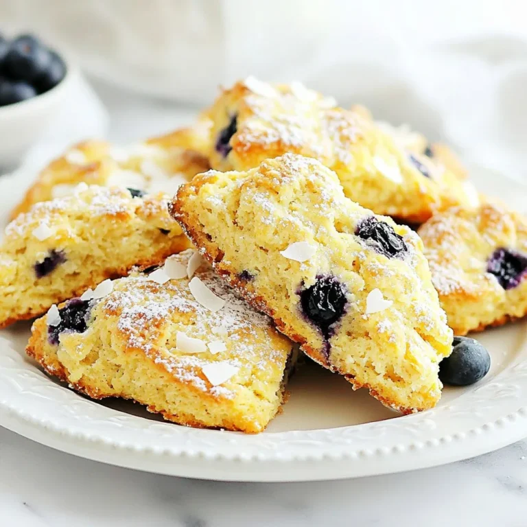 Für die Blaubeer-Kokos-Scones benötigst du: - 2 Tassen Allzweckmehl - 1/2 Tasse ungesüßte Kokosraspel - 1/4 Tasse Zucker - 1 Esslöffel Backpulver - 1/2 Teelöffel Salz - 1/2 Tasse kalte, gewürfelte ungesalzene Butter - 1/2 Tasse Vollfett-Kokosmilch (oder normale Milch) - 1 großes Ei - 1 Teelöffel Vanilleextrakt - 1 Tasse frische oder gefrorene Blaubeeren - Zusätzliche Kokosraspel zur Dekoration (optional) Diese Zutaten sorgen für einen köstlichen Geschmack und eine perfekte Textur. Achte darauf, dass alles frisch ist, um das beste Ergebnis zu erzielen. - Mehl: Liefert Kohlenhydrate für Energie. - Kokosraspel: Fügen gesunde Fette hinzu und machen die Scones feucht. - Zucker: Sorgt für Süße und hilft beim Bräunen. - Butter: Macht die Scones zart und reichhaltig. - Kokosmilch: Gibt einen cremigen Geschmack und hält die Scones saftig. - Eier: Binden die Zutaten und helfen beim Aufgehen. - Blaubeeren: Reich an Vitaminen und Antioxidantien. Jede Zutat trägt zur Balance der Nährstoffe bei und sorgt dafür, dass die Scones nicht nur lecker, sondern auch nahrhaft sind. Wähle frische Blaubeeren mit diesen Tipps: - Achte auf eine tiefblaue Farbe ohne rote Stellen. - Die Beeren sollten fest sein und nicht matschig. - Überprüfe die Verpackung auf Schimmel oder feuchte Stellen. - Kaufe Blaubeeren in der Saison, wenn sie am besten schmecken. Frische Blaubeeren geben den Scones einen tollen Geschmack und eine schöne Farbe. Wenn du gefrorene Beeren verwendest, tau sie vorher auf, um die beste Konsistenz zu erreichen. {{ingredient_image_2}} Heize deinen Ofen auf 200°C vor. Das ist wichtig für die perfekte Backzeit. Lege ein Backblech mit Backpapier aus. So kleben die Scones nicht fest. Nimm eine große Schüssel. Mische darin 2 Tassen Allzweckmehl, 1/2 Tasse Kokosraspel, 1/4 Tasse Zucker, 1 Esslöffel Backpulver und 1/2 Teelöffel Salz. Rühre gut um, damit alles gleichmäßig verteilt ist. Füge 1/2 Tasse kalte, gewürfelte Butter hinzu. Du kannst einen Teigmischer verwenden oder deine Hände. Arbeite die Butter in die Mischung ein. Die Konsistenz sollte wie grobe Krümel aussehen. So bleiben die Scones locker und leicht. In einer anderen Schüssel mische 1/2 Tasse Kokosmilch, 1 großes Ei und 1 Teelöffel Vanilleextrakt. Rühre, bis alles gut vermischt ist. Achte darauf, dass keine Klumpen entstehen. Gieße die feuchte Mischung in die Schüssel mit den trockenen Zutaten. Rühre vorsichtig, bis alles gerade so vermischt ist. Übermische nicht! Füge dann 1 Tasse Blaubeeren hinzu und hebe sie vorsichtig unter. Gib den Teig auf eine leicht bemehlte Fläche. Forme ihn zu einem Kreis von etwa 2,5 cm Dicke. Schneide den Teig in 8 gleich große Stücke oder benutze einen Ausstecher für die klassische Form. Lege die Scones auf das Backblech. Wenn du magst, bestreue sie mit zusätzlichen Kokosraspeln. Backe die Scones für etwa 15-20 Minuten. Sie sind fertig, wenn sie goldbraun sind. Lass sie dann ein paar Minuten abkühlen, bevor du sie servierst. Um luftige Scones zu machen, achte auf die Butter. Kalte, gewürfelte Butter sorgt für die richtige Textur. Wenn du die Butter einarbeitest, mache das schnell. Du willst kleine Stücke Butter im Teig haben. Diese Stücke schmelzen beim Backen und machen die Scones luftig. Auch das Mischen der feuchten und trockenen Zutaten muss sanft sein. Rühre nur, bis alles gerade vermischt ist. Übermischen führt zu festen Scones. Ein häufiger Fehler ist, die Butter zu warm zu machen. Das kann die Textur der Scones ruinieren. Ein weiterer Fehler ist, die Scones zu lange zu backen. Achte darauf, dass sie goldbraun sind, aber nicht zu dunkel werden. Auch das Nichtvorheizen des Ofens kann das Backergebnis schlecht beeinflussen. Ein kalter Ofen macht die Scones nicht schön hoch. Verwende außerdem frische Blaubeeren. Alte Beeren machen den Teig matschig und weniger lecker. Du kannst die Zutaten leicht variieren. Zum Beispiel, statt Kokosmilch kannst du normale Milch verwenden. Das gibt einen anderen Geschmack, ist aber auch gut. Wenn du andere Früchte wie Himbeeren nimmst, wird der Geschmack fruchtiger. Nüsse oder Schokoladenstückchen machen die Scones reichhaltiger. Wenn du mehr Kokosraspel hinzufügst, wird der Geschmack intensiver. Achte darauf, dass du die Balance der Zutaten nicht verlierst. Pro Tipps Butter richtig kühlen: Stelle sicher, dass die Butter gut gekühlt ist, bevor du sie in die trockenen Zutaten einarbeitest. Dies hilft, die Scones flaumig zu machen. Nicht übermischen: Rühre den Teig nur so lange, bis alles gerade so vermischt ist. Übermischen kann zu dichten Scones führen. Blaubeeren vorsichtig unterheben: Wenn du gefrorene Blaubeeren verwendest, tau sie vorher nicht auf, um die Farbe des Teigs nicht zu beeinträchtigen. Backzeit im Auge behalten: Jede Ofen vorheizt unterschiedlich. Überprüfe die Scones nach 15 Minuten, um sicherzustellen, dass sie nicht zu braun werden. {{image_4}} Du kannst die Blaubeeren durch viele andere Früchte ersetzen. Himbeeren sind eine tolle Wahl. Sie bringen eine süße und leicht säuerliche Note. Erdbeeren sind ebenfalls lecker. Schneide sie in kleine Stücke, bevor du sie hinzufügst. Du kannst auch Äpfel verwenden. Sie geben den Scones eine schöne Textur. Achte darauf, die Früchte frisch oder gut gefroren zu verwenden. So bleibt der Geschmack intensiv. Für einen süßen Kick füge Schokoladenstückchen hinzu. Dunkle Schokolade passt gut zu Kokos. Du kannst auch weiße Schokolade verwenden. Diese schmeckt besonders cremig. Wenn du Nüsse magst, probiere gehackte Mandeln oder Walnüsse. Sie geben einen tollen Crunch. Mische die Schokoladenstückchen oder Nüsse einfach in den Teig. So hast du verschiedene Texturen in jedem Bissen. Wenn du eine vegane Option suchst, ersetze das Ei durch Apfelmus oder Leinsamen. Das gibt auch Feuchtigkeit. Verwende anstelle von Butter vegane Margarine. Achte darauf, dass die Kokosmilch ungesüßt ist. Für glutenfreie Scones nimm glutenfreies Mehl. Du kannst eine Mischung aus Reis-, Mandel- und Kokosmehl verwenden. Diese Alternativen sorgen für einen guten Geschmack und eine schöne Konsistenz. So können alle die Scones genießen! Um deine Blaubeer-Kokos-Scones frisch zu halten, lagere sie in einem luftdichten Behälter. Stelle sicher, dass die Scones abgekühlt sind, bevor du sie verpackst. So verhinderst du, dass sie feucht werden. Bei Zimmertemperatur bleiben sie für etwa 2-3 Tage frisch. Wenn du sie länger aufbewahren möchtest, ist der Kühlschrank keine gute Wahl, da die Scones dort trocken werden können. Wenn du die Scones länger lagern möchtest, friere sie ein. Lass sie zuerst vollständig abkühlen. Wickele jeden Scone in Frischhaltefolie oder lege sie in einen Gefrierbeutel. Achte darauf, die Luft herauszudrücken, um Gefrierbrand zu vermeiden. So bleiben sie bis zu 3 Monate frisch. Zum Auftauen kannst du sie einfach über Nacht im Kühlschrank lassen oder sie bei Zimmertemperatur aufwärmen. Falls du Reste hast, gibt es viele kreative Möglichkeiten, sie zu nutzen. Du kannst die Scones in kleine Stücke schneiden und in Joghurt oder Müsli geben. Eine andere Idee ist, sie leicht zu rösten und mit Marmelade zu servieren. Du kannst auch Pudding oder einen Kuchen mit den Scone-Stücken machen. So verwandelst du Reste in etwas Neues und Leckeres. Die Blaubeer-Kokos-Scones sind frisch am besten. Sie bleiben bei Raumtemperatur etwa zwei Tage haltbar. Lagere sie in einem luftdichten Behälter. Im Kühlschrank bleiben sie bis zu einer Woche gut. Wenn du sie länger aufbewahren möchtest, friere sie ein. So bleiben sie bis zu drei Monate frisch. Ja, du kannst die Scones im Voraus zubereiten! Mache den Teig und forme die Scones. Lege sie auf ein Backblech und friere sie ein. Wenn du bereit bist, backe sie einfach direkt aus dem Gefrierfach. Dies spart Zeit und sorgt für frische Scones. Wenn du keine Kokosmilch hast, nimm normale Milch. Eine andere gute Wahl ist Mandelmilch oder Hafermilch. Diese ersetzen die Kokosmilch gut, haben aber einen anderen Geschmack. Jede Option gibt den Scones eine eigene Note. Wenn die Scones nicht aufgegangen sind, könnte es am Backpulver liegen. Stelle sicher, dass es frisch ist. Eine Übermischung des Teigs kann auch dazu führen, dass die Scones dicht bleiben. Rühre die Zutaten nur bis sie kombiniert sind. So bleibt der Teig locker und luftig. Blaubeer-Scones sind einfach zuzubereiten und lecker. Wir haben die besten Zutaten und Techniken besprochen. Frische Blaubeeren machen einen großen Unterschied. Auch Variationen wie Nüsse oder vegane Optionen bieten neue Geschmäcker. Achten Sie auf die Aufbewahrung, damit die Scones frisch bleiben. Folgen Sie meinen Tipps, um Fehler zu vermeiden und luftige Scones zu backen. Mit diesen Informationen sind Sie bereit, die perfekten Scones zu backen. Genießen Sie das Ergebnis!