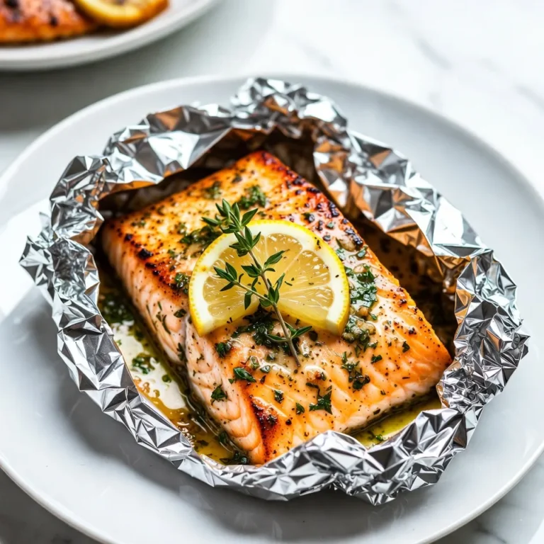 - 4 Lachsfilets (ca. 170 g jeweils) - 4 Esslöffel ungesalzene Butter, weich - 4 Knoblauchzehen, fein gehackt - 2 Esslöffel frische Petersilie, gehackt - 1 Esslöffel frischer Dill, gehackt - 1 Esslöffel frischer Zitronensaft - 1 Teelöffel Zitronenschale - Salz und Pfeffer nach Geschmack - 1 Zitrone, in Scheiben geschnitten - 4 Zweige frischer Thymian (optional) Die Hauptzutaten sind einfach und frisch. Lachsfilets sind die Basis. Sie sind zart und gesund. Die Knoblauch Kräuterbutter macht den Lachs besonders lecker. Knoblauch gibt einen starken Geschmack. Petersilie und Dill fügen Frische hinzu. Zitronensaft und Zitronenschale geben eine spritzige Note. Salz und Pfeffer runden das Aroma ab. - Größe der Folienblätter: ca. 30 cm lang - Nützliche Küchengeräte: Backblech, Schüssel, Löffel Die Aluminiumfolie ist wichtig für das Backen. Sie hält den Lachs saftig und aromatisch. Schneiden Sie die Folie auf etwa 30 cm. Das ist genug Platz für jedes Filet. Ein Backblech hilft beim Backen der Pakete. Eine kleine Schüssel ist nützlich, um die Kräuterbutter zu mixen. Ein Löffel hilft, die Butter gleichmäßig auf den Lachs zu verteilen. {{ingredient_image_2}} Zuerst heizen Sie Ihren Ofen auf 190°C (375°F) vor. Das sorgt für eine gleichmäßige Hitze. Während der Ofen aufheizt, können Sie die Knoblauch Kräuterbutter zubereiten. Nehmen Sie eine kleine Schüssel und geben Sie die weiche Butter hinein. Fügen Sie vier fein gehackte Knoblauchzehen hinzu. Geben Sie dann zwei Esslöffel frische, gehackte Petersilie und einen Esslöffel frischen Dill dazu. Ein Esslöffel frischer Zitronensaft und etwas Zitronenschale bringen Frische. Zum Schluss fügen Sie Salz und Pfeffer nach Geschmack hinzu. Rühren Sie alles gut um, bis eine homogene Mischung entsteht. Schneiden Sie vier Blätter Aluminiumfolie, jeweils ungefähr 30 cm lang. Diese sollten groß genug sein, um jedes Lachsfilet einzuwickeln. Legen Sie ein Lachsfilet in die Mitte jedes Folienstückes. Geben Sie eine großzügige Menge der Knoblauch Kräuterbutter über jedes Filet. Legen Sie einige Zitronenscheiben auf die Filets. Wenn Sie möchten, fügen Sie einen Zweig frischen Thymian hinzu. Falten Sie die Ränder der Folie nach oben, um ein dichtes Paket zu erstellen. Achten Sie darauf, dass keine Säfte entweichen können. Platzieren Sie die Folienpakete auf einem Backblech. Backen Sie sie für 15-20 Minuten. Der Lachs ist fertig, wenn er durchgegart ist und sich leicht mit einer Gabel zerteilen lässt. Seien Sie vorsichtig, wenn Sie die Folienpakete öffnen. Der heiße Dampf kann Sie verbrennen. Servieren Sie den Lachs direkt aus der Folie oder übertragen Sie ihn auf Teller. - Garzeiten anpassen: Die Garzeit hängt von der Dicke der Lachsfilets ab. Dünnere Filets brauchen weniger Zeit, während dickere Filets etwas länger brauchen. Überprüfen Sie den Lachs nach 15 Minuten. Er sollte opak und leicht zerfallend sein. Wenn Sie unsicher sind, lassen Sie ihn ein paar Minuten länger im Ofen. - Verwendung eines Fleischthermometers: Ein Fleischthermometer ist Ihr bester Freund in der Küche. Stecken Sie es in die dickste Stelle des Lachsfilets. Die ideale Temperatur liegt bei 63°C. So wissen Sie genau, wann der Lachs perfekt gegart ist. - Frischer vs. gefrorener Lachs: Frischer Lachs hat einen besseren Geschmack und eine bessere Textur. Wenn frischer Lachs nicht verfügbar ist, ist gefrorener Lachs eine gute Wahl. Achten Sie darauf, ihn vor der Zubereitung gut aufzutauen. - Alternativen für Kräuterbutter: Sie können viele Kräuter verwenden. Versuch es mit Basilikum oder Estragon. Auch eine Mischung aus verschiedenen Kräutern kann spannend sein. Wenn Sie es schärfer mögen, fügen Sie etwas Chili oder Paprika hinzu. Pro Tipps Die richtige Butter: Verwenden Sie ungesalzene Butter für eine bessere Kontrolle über den Salzgehalt Ihrer Kräuterbutter. Frische Kräuter: Frische Kräuter verleihen dem Lachs ein intensiveres Aroma als getrocknete Kräuter. Verwenden Sie immer frische Zutaten, wenn möglich. Folienpakete richtig verschließen: Stellen Sie sicher, dass die Folienpakete gut verschlossen sind, damit die Säfte und Aromen während des Garens nicht entweichen. Variationen ausprobieren: Fügen Sie andere Gemüsesorten wie Zucchini oder Paprika zu den Folienpaketen hinzu, um eine vollständige Mahlzeit in einem Paket zu kreieren. {{image_4}} Für eine mediterrane Variante können Sie Rosmarin und Oregano verwenden. Diese Kräuter verleihen dem Lachs ein warmes, aromatisches Profil. Fügen Sie auch etwas Feta-Käse hinzu, um die Aromen zu vertiefen. In der asiatischen Geschmacksrichtung probieren Sie Ingwer, Sojasauce und Sesamöl. Diese Kombination gibt dem Lachs eine spannende Note. Garnieren Sie mit Frühlingszwiebeln und Sesam für den perfekten Abschluss. Zu Ihrem Lachs passen frische Salate oder gedünstetes Gemüse sehr gut. Ein einfacher grüner Salat mit einem spritzigen Dressing ergänzt den Lachs perfekt. Gedünstete grüne Bohnen oder Spargel bringen Farbe und Nährstoffe auf den Teller. Reis- oder Kartoffelgerichte sind ebenfalls tolle Begleiter. Probieren Sie einen Zitronenreis oder knusprige Kartoffeln. Diese Beilagen sorgen für eine ausgewogene Mahlzeit. Sie können den Lachs direkt aus der Folie servieren oder auf vorgewärmte Teller geben. - Im Kühlschrank aufbewahren: Lagere die Reste in einem luftdichten Behälter. So bleibt der Lachs frisch. Er hält sich bis zu drei Tage im Kühlschrank. - Einfrieren des Lachs: Wenn du mehr Lachs hast, friere ihn ein! Wickele die Filets gut in Folie ein. So schützt du sie vor Frostbrand. Sie bleiben bis zu drei Monate haltbar. - Beste Methoden für das Aufwärmen: Der beste Weg, um Lachs aufzuwärmen, ist im Ofen. Heize den Ofen auf 150°C vor. Lege den Lachs auf ein Backblech und decke ihn mit Folie ab. So bleibt er saftig. - Vermeidung von Trockenheit: Vermeide Mikrowellen, sie machen den Lachs trocken. Wenn du ihn im Ofen warm machst, halte ihn abgedeckt. Das hilft, die Feuchtigkeit zu bewahren. Für perfekten Lachs backen Sie ihn 15 bis 20 Minuten. Die genaue Zeit hängt von der Dicke des Filets ab. Ein dickeres Stück braucht mehr Zeit. Bei 190°C (375°F) garen Sie den Lachs, bis er sich leicht mit einer Gabel zerteilen lässt. Achten Sie darauf, den Lachs nicht zu lange zu backen. Sonst wird er trocken und verliert seinen Geschmack. Zu Knoblauch Kräuterbutter Lachs passen viele Beilagen gut. Ich empfehle: - Gedünstetes Gemüse wie Brokkoli oder grüne Bohnen. - Ein frischer Salat mit Zitrus-Vinaigrette. - Reis oder Quinoa für eine sättigende Basis. - Ofenkartoffeln oder Kartoffelpüree. Diese Beilagen ergänzen den Lachs und bringen verschiedene Texturen und Aromen. Ja, die Rezeptur ist sehr flexibel! Sie können verschiedene Kräuter verwenden, um neue Geschmäcker zu entdecken. Basilikum oder Estragon geben dem Lachs eine andere Note. Auch die Butter können Sie durch Olivenöl ersetzen, um eine leichtere Variante zu schaffen. Fügen Sie Gemüse wie Paprika oder Zucchini in die Folie hinzu. So wird das Gericht noch bunter und gesünder. Im Blogbeitrag habe ich alles Wichtige über Lachs im Folienpaket erklärt. Du hast die Hauptzutaten wie Lachsfilets und Knoblauch Kräuterbutter gesehen. Die Schritt-für-Schritt-Anleitung zeigt dir, wie du das Dinner zubereitest. Mit Tipps und Variationen machst du das Gericht spannend. Lagerinformationen und häufige Fragen helfen dir weiter. Experimentiere mit verschiedenen Kräutern und Beilagen. So wird dein Lachs stets lecker und frisch. Genieße die Zubereitung und die vielen Möglichkeiten!