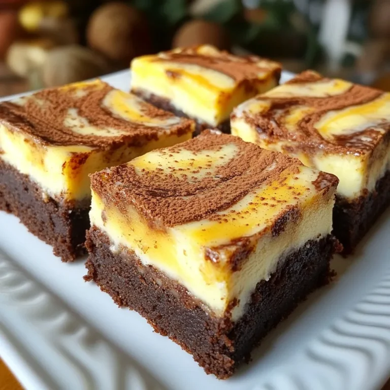 Für die perfekten Gingerbread Cheesecake Swirl Brownies benötigst du: - 240 g ungesalzene Butter, geschmolzen - 200 g Zucker - 200 g brauner Zucker, fest verpackt - 4 große Eier - 1 Teelöffel Vanilleextrakt - 190 g Weizenmehl - 50 g ungesüßtes Kakaopulver - 1 Teelöffel Backpulver - 1/2 Teelöffel Salz - 2 Teelöffel gemahlener Ingwer - 2 Teelöffel gemahlener Zimt - 1/2 Teelöffel gemahlene Muskatnuss - 1/4 Teelöffel gemahlene Nelken Diese Zutaten geben den Brownies ihren tollen Geschmack und die perfekte Konsistenz. Die Frischkäsefüllung macht die Brownies besonders cremig. Du brauchst: - 225 g Frischkäse, weich - 60 g Puderzucker - 1 Ei - 1 Teelöffel Vanilleextrakt Die Frischkäsefüllung sorgt für einen schönen Kontrast zu den schokoladigen Brownies. Achte darauf, dass die Butter wirklich geschmolzen ist. Das sorgt für eine gleichmäßige Mischung. Verwende frische Eier, damit die Brownies gut aufgehen. Die Gewürze sind wichtig für den charakteristischen Lebkuchengeschmack. Wenn du weniger Süße magst, kannst du den Zucker leicht reduzieren. Diese kleinen Anpassungen machen die Brownies ganz nach deinem Geschmack. {{ingredient_image_2}} Heize deinen Ofen auf 175 °C vor. Nimm eine Backform von 23x33 cm. Fette sie mit Butter ein und lege sie mit Backpapier aus. Lass das Papier über den Rand hängen. So kannst du die Brownies später einfacher herausheben. Schmelze 240 g ungesalzene Butter. Gib die geschmolzene Butter in eine große Schüssel. Füge 200 g Zucker und 200 g braunen Zucker hinzu. Verwende einen Schneebesen und vermenge alles gut, bis die Mischung gleichmäßig aussieht. Nimm 4 große Eier und füge sie einzeln zur Butter-Zucker-Mischung hinzu. Rühre nach jedem Ei gut um. Gib 1 Teelöffel Vanilleextrakt dazu und mische alles erneut. In einer anderen Schüssel vermische 190 g Weizenmehl, 50 g ungesüßtes Kakaopulver, 1 Teelöffel Backpulver, 1/2 Teelöffel Salz, 2 Teelöffel gemahlenen Ingwer, 2 Teelöffel gemahlenen Zimt, 1/2 Teelöffel gemahlene Muskatnuss und 1/4 Teelöffel gemahlene Nelken. Mische alles gut, bis es gleichmäßig ist. Nimm 225 g weichen Frischkäse und gib ihn in eine mittelgroße Schüssel. Füge 60 g Puderzucker, 1 Ei und 1 Teelöffel Vanilleextrakt hinzu. Rühre alles glatt, bis du eine homogene Masse hast. Verteile die Hälfte des Brownieteigs gleichmäßig in der Backform. Löffle die Frischkäsemischung darauf und decke sie mit dem restlichen Brownieteig ab. Nimm ein Buttermesser oder einen Holzspieß und marmorier den Teig vorsichtig. So erhältst du diesen tollen Effekt. Backe die Brownies für etwa 35-40 Minuten. Überprüfe mit einem Zahnstocher, ob sie fertig sind. Ziehe die Brownies nach dem Backen aus dem Ofen und lasse sie 15 Minuten in der Form abkühlen. Hebe sie mit dem Backpapier heraus und lasse sie auf einem Kuchengitter vollständig abkühlen, bevor du sie in Stücke schneidest. Um die perfekte Konsistenz zu erreichen, achte auf die Butter. Sie sollte schmelzen, aber nicht zu heiß sein. Übermische den Teig nicht. Mische ihn nur, bis die trockenen Zutaten feucht sind. Das gibt den Brownies eine schöne, fudgy Textur. Ein häufiger Fehler ist, die Backzeit nicht zu beachten. Überbacke die Brownies nicht. Sie sollten in der Mitte leicht feucht sein. Ein Zahnstocher sollte mit ein paar feuchten Krümeln herauskommen. Ein weiterer Fehler ist, die Frischkäsefüllung zu dick zu machen. Sie sollte glatt und leicht sein. Das Marmorieren ist einfach. Verwende ein Buttermesser oder einen Holzspieß. Tauche es in die Mischung und ziehe sanft durch den Teig. Mach nicht zu viele Züge. Ein paar sanfte Bewegungen reichen aus, um einen schönen Effekt zu erzielen. So erhältst du ein tolles Muster. Pro Tipps Buttertemperatur: Achten Sie darauf, die Butter vollständig zu schmelzen, aber nicht zu überhitzen, um eine perfekte Teigkonsistenz zu erreichen. Die Eier richtig einarbeiten: Fügen Sie die Eier nacheinander hinzu und rühren Sie gut um, um eine luftige Textur zu gewährleisten. Teig nicht übermixen: Mischen Sie die trockenen Zutaten nur so lange, bis sie gerade so vermischt sind, um zähe Brownies zu vermeiden. Abkühlzeit beachten: Lassen Sie die Brownies nach dem Backen ausreichend abkühlen, bevor Sie sie schneiden, damit sie ihre Form behalten. {{image_4}} Wenn du kreativ sein möchtest, probiere verschiedene Gewürze aus. Du kannst zum Beispiel einen Teelöffel Kardamom hinzufügen. Auch eine Prise Muskatnuss bringt einen neuen Geschmack. Für Schokoladenliebhaber ist es toll, Schokoladenstückchen einzufügen. Diese Brownies werden so noch schokoladiger und leckerer. Wenn du glutenfrei backen willst, ersetze das Weizenmehl durch Mandel- oder Kokosmehl. Achte darauf, die Menge anzupassen. Für eine vegane Version kannst du die Eier durch Apfelmus oder Leinsamen ersetzen. Nutze veganen Frischkäse anstelle von normalem. Die Textur bleibt so schön cremig und die Brownies schmecken trotzdem toll. Die Präsentation ist wichtig! Du kannst die Brownies mit Puderzucker bestreuen. Auch eine Schicht Schokoladenglasur macht sie besonders. Frische Früchte wie Himbeeren oder Erdbeeren passen wunderbar dazu. Sie bringen eine frische Note in jeden Biss. Experimentiere mit verschiedenen Ideen und finde deine Lieblingsgarnitur. Um die Frische der Lebkuchen-Käsekuchen Swirl Brownies zu erhalten, sollten Sie sie richtig lagern. Lassen Sie die Brownies zuerst auf einem Kuchengitter vollständig abkühlen. Schneiden Sie die abgekühlten Brownies in Stücke. Legen Sie die Stücke in einen luftdichten Behälter oder in Frischhaltefolie. So bleiben sie weich und lecker. Wenn Sie die Brownies länger aufbewahren möchten, gibt es ein paar einfache Tipps. Nutzen Sie Pergamentpapier zwischen den Schichten, um ein Kleben zu verhindern. Stellen Sie sicher, dass der Behälter an einem kühlen, trockenen Ort steht. Vermeiden Sie direkte Sonneneinstrahlung, da dies die Konsistenz beeinflussen kann. Diese Brownies bleiben bei richtiger Lagerung bis zu einer Woche frisch. Wenn Sie sie einfrieren möchten, packen Sie sie gut ein. Nutzen Sie Gefrierbeutel oder Folie. Im Gefrierfach halten sie bis zu drei Monate. Zum Auftauen einfach bei Raumtemperatur lassen oder kurz in die Mikrowelle geben. So genießen Sie jederzeit einen köstlichen Snack! Gingerbread Cheesecake Swirl Brownies halten sich gut. Du kannst sie in einem luftdichten Behälter bis zu fünf Tage aufbewahren. Achte darauf, sie kühl und trocken zu lagern. So bleiben die Brownies frisch und lecker. Ja, du kannst die Brownies im Voraus zubereiten. Bereite sie bis zu zwei Tage vorher vor. Lass sie nach dem Backen vollständig abkühlen, bevor du sie lagerst. So kannst du sie einfach servieren, wenn Gäste kommen. Um die besten Ergebnisse zu erzielen, lasse die Brownies vollständig abkühlen. Verwende ein scharfes Messer, um gerade Schnitte zu machen. Du kannst das Messer auch leicht in warmes Wasser tauchen. So kleben die Brownies nicht am Messer. Ja, diese Brownies sind einfrierbar. Lass sie ganz abkühlen und schneide sie in Stücke. Wickel jedes Stück in Frischhaltefolie und lege sie in einen Gefrierbeutel. So halten sie sich bis zu drei Monate im Gefrierfach. Diese Brownies mit Frischkäsefüllung sind einfach und lecker. Ich habe die Hauptzutaten und die Schritte klar erklärt. Mit Tipps vermeidest du Fehler und erzielst die perfekte Konsistenz. Variationen machen das Rezept noch spannender. Denke an die richtigen Lagerung und Haltbarkeit, um sie frisch zu halten. Probiere diese Brownies aus, und du wirst sie lieben. Qualität und Geschmack stehen im Vordergrund. Viel Spaß beim Backen!